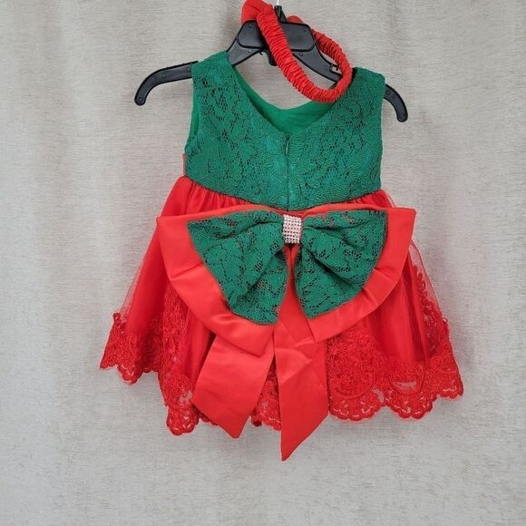 GIRLS 3mo Red and Green Formal Christmas Dress Matching Headband - Picture 3 of 12